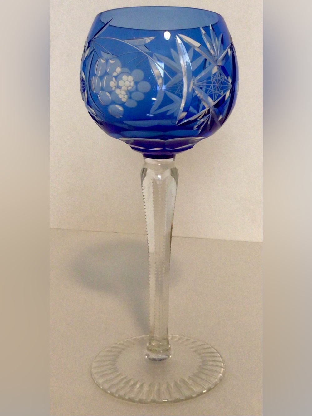 Vintage Bohemian Crystal Wine Glass Hock Cut to Clear Cobalt Blue 7.5” BLEMISH